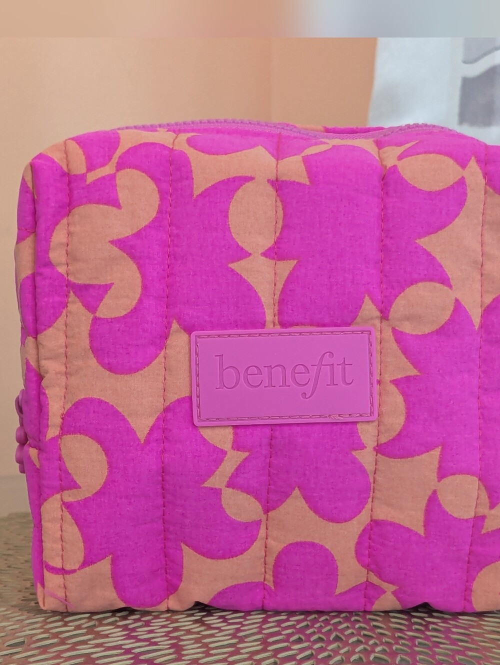 Benefit Pink and Peach Quilted Cosmetic Bag